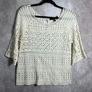 Fever Crochet Top Women Small Cream 3/4 Sleeve 90s Y2K Boho Cottagecore Festival